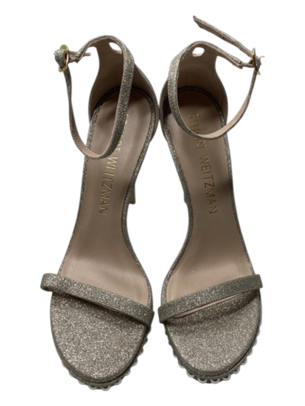 Stuart Weitzman Nudistdisco Pearl Sandal Glitter Platino Stiletto Heel Size 10